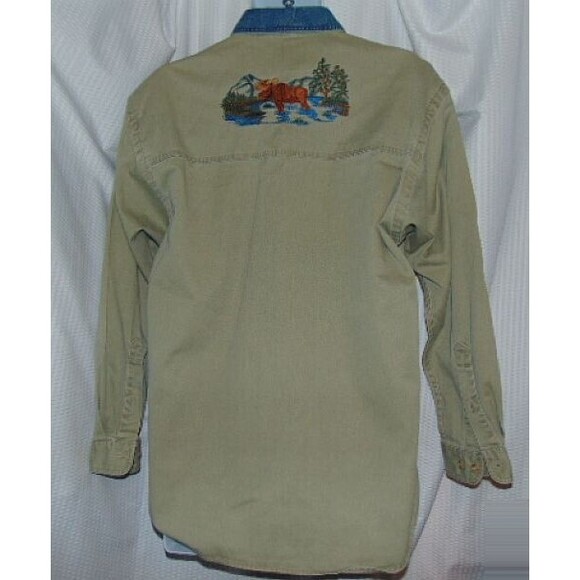 Vtg. Canadian Outdoors Long-Sleeve Button Shirt Embroidered Moose Khaki/Denim XL - Picture 3 of 13